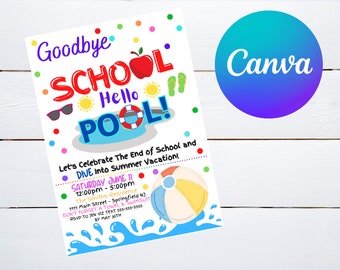 End of School Pool Party Invitation, Printable Digital Invite, Goodbye School Hello Pool Party, Editable Canva Invite, Splish Splash