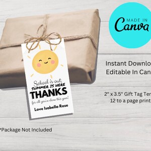 Summer Teacher Appreciation Gift Tag Template, Editable Sunshine Thank You Tag| Printable Schools Out End of Year Favor Tag Instant Download