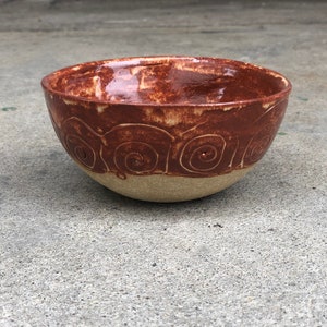 Handmade Ceramic Bowl with Coils Ochre Shino Glaze and Bare Beige Clay image 1