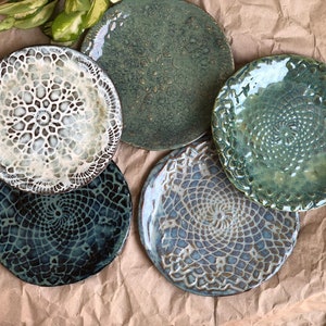 Ceramic Colourful Plates with Lace imprint | Blue, Red, Cream, Green, Black | Handmade Pottery Appetizer Dish