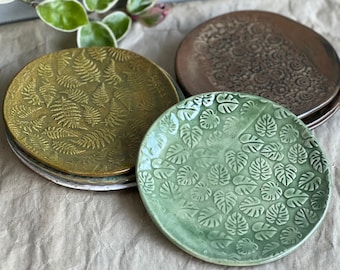 Ceramic Colourful Plates with imprint | Blue, Pink, Brown, Green, Black | Handmade Pottery Appetizer Dish