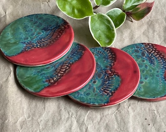 Ceramic Coasters set, Green with Leaf Imprint