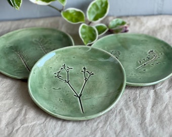 Ceramic Botanical Plates with Plant imprint | Green with Leaf or Flower | Handmade Pottery Appetizer Dish