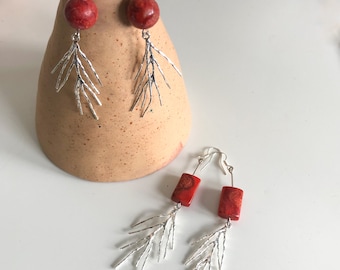 Red Coral Earrings, Dangling Wire Red Coral Gemstone Dangle Drop Earrings