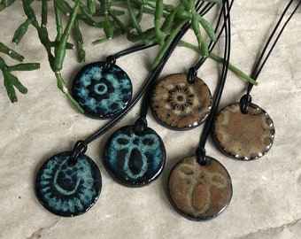 Ceramic Pendant | Bronze or Navy Blue Clay Adjustable Necklace | Lace pendant light ceramic jewelry