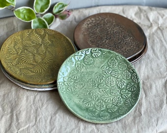 Ceramic Colourful Plates with imprint | Blue, Pink, Brown, Green, Black | Handmade Pottery Appetizer Dish