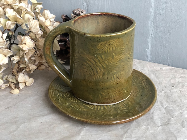 Ceramic Breakfast Set, Olive Green Coffee Mug and Plate, Botanical