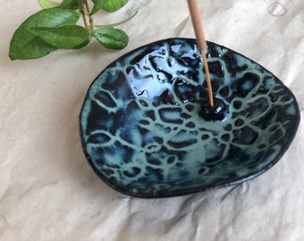 Ceramic Incense Holder, black clay, blue pattern