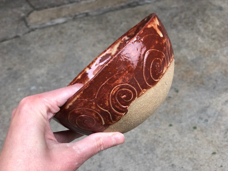 Handmade Ceramic Bowl with Coils Ochre Shino Glaze and Bare Beige Clay image 5