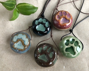 Handmade Ceramic Paw Pendant Necklace | Round with Paw Imprint | Cat and Dog Lovers | Adjustable Length