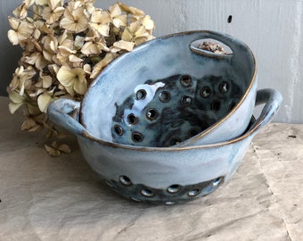 Ceramic Berry Bowl Blue, Pottery colander, small strainer