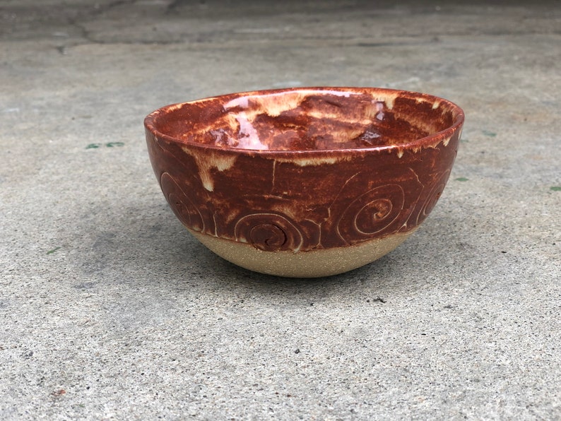 Handmade Ceramic Bowl with Coils Ochre Shino Glaze and Bare Beige Clay image 2