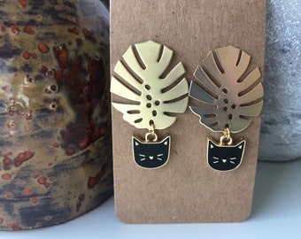 Black Cat Earrings | Monstera Earrings | Gift for cat and plant lovers