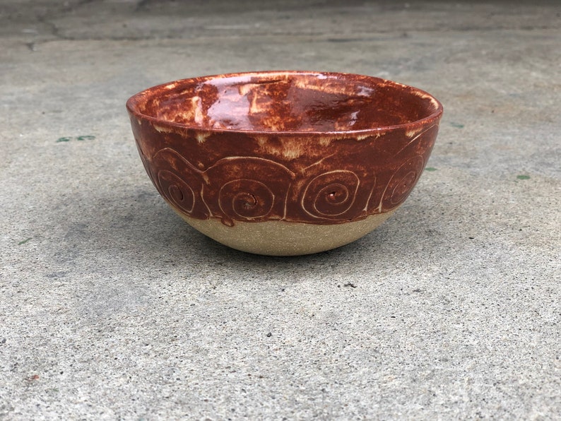 Handmade Ceramic Bowl with Coils Ochre Shino Glaze and Bare Beige Clay image 1