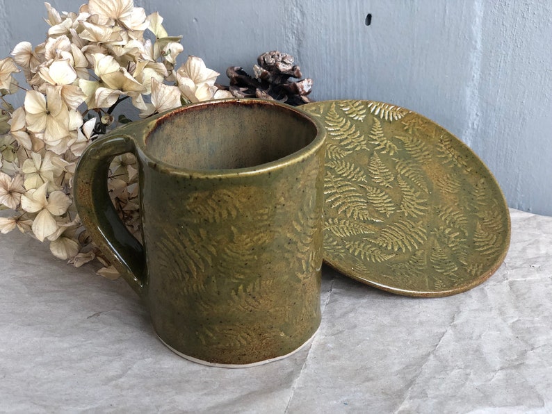 Ceramic Breakfast Set, Olive Green Coffee Mug and Plate, Botanical