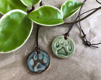 Ceramic Cat Paw Pendant | Blue Dog Paw Necklace | Colorful Disc, Handmade Unique Jewelry