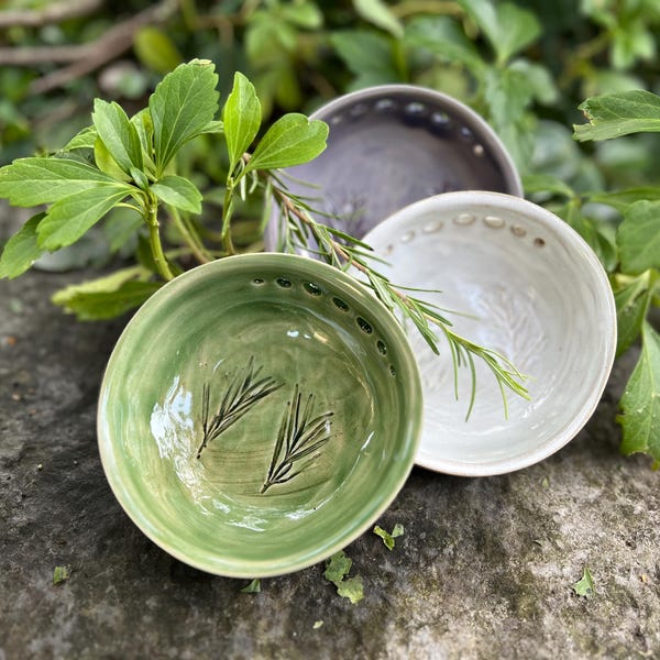 Handmade Ceramic Herb Stripper Bowl, Rosemary Imprint, Rustic Kitchen Tool