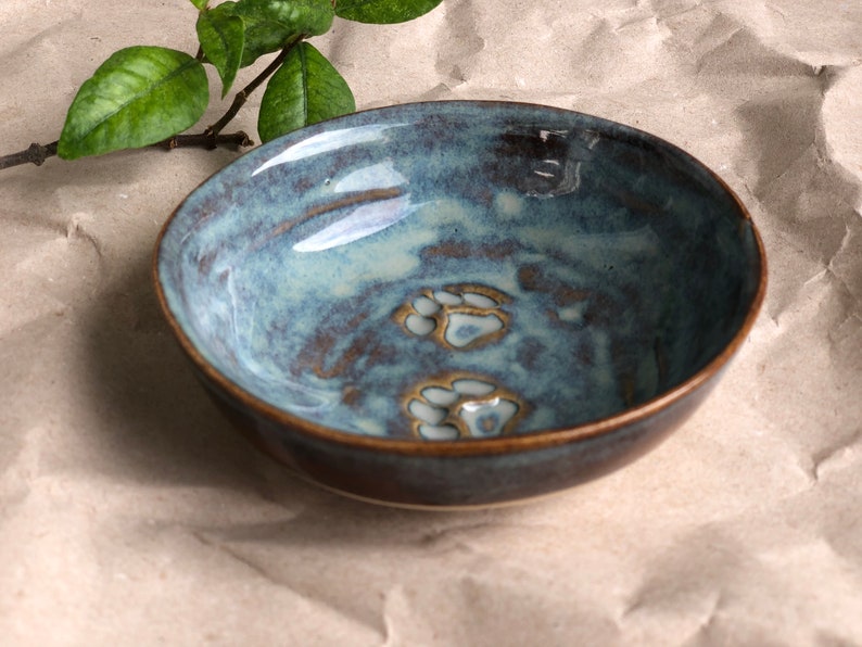 Handmade Ceramic Cat bowl with cat paws Custom PREORDER Cat food dish, Ceramic Sauce Dish, ring dish Blue