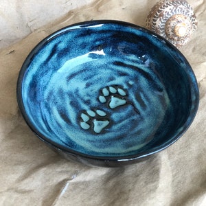 Handmade Ceramic Cat bowl with cat paws Custom PREORDER Cat food dish, Ceramic Sauce Dish, ring dish Blue /black clay