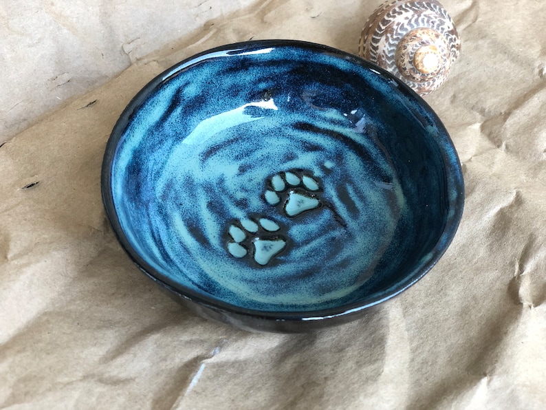 Handmade Ceramic Cat bowl with cat paws Custom PREORDER Cat food dish, Ceramic Sauce Dish, ring dish Blue /black clay