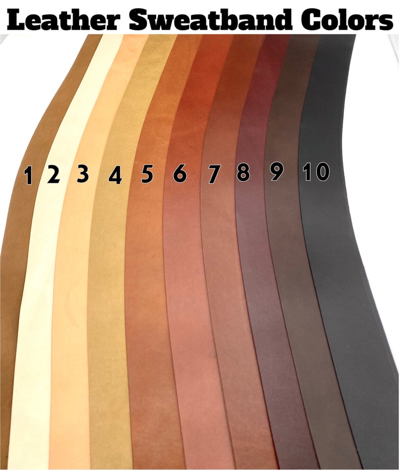 May include: Ten leather sweatband color swatches, numbered 1 through 10, ranging from light beige to dark brown.