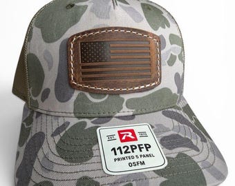America 250 Leather Patch Hat – Richardson PFP Marsh Duck Camo | Branded American Flag Crazy Horse Leather Patch