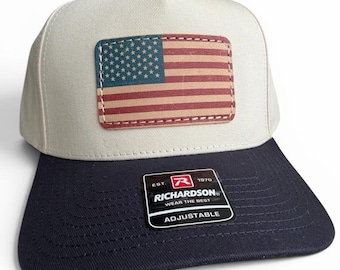 America 250 Leather Patch Hat – Cream/Navy Richardson 356 Gramps Cap | Full Color American Flag Leather Patch