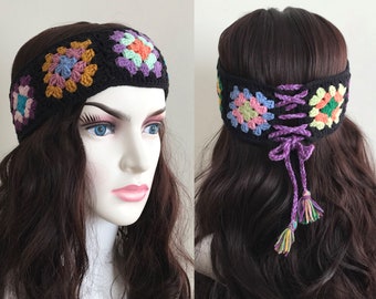 Crochet Granny Square Headband With Tie Detail: Retro Boho Cotton Hair Accessory
