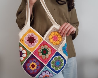 granny square afghan tote bag, crochet colorful tote bag,  crochet flower shoulder bag, y2k bag, gift for mom, colorful boho bag, retro bag