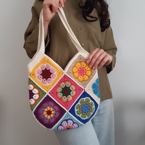 granny square floral tote bag, handmade colorful tote bag, crochet cotton shoulder bag, handmade gift for her, knit colorful festival bag