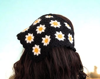 Black Daisy Crochet Bandana: Cotton Hair Scarf, Witchy Fashion