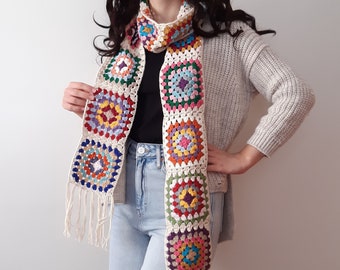 granny square scarf, crochet retro scarf, long patchwork scarf, vintage style scarf, womans afghan scarf, gift for her, boho crochet scarf