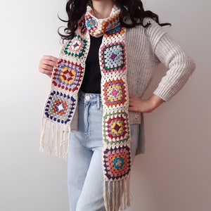 granny square scarf, crochet retro scarf, long patchwork scarf, vintage style scarf, womans afghan scarf, gift for her, boho crochet scarf