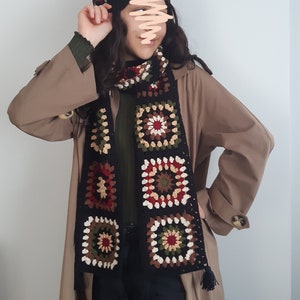 black granny square long scarf, gigi hadid inspired crochet scarf, black burgundy green crochet muffler, handmade retro cotton scarf,