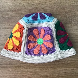 crochet daisy bucket hat, crochet colorful bucket hat, multicolor knit bucket hat, crochet cotton bucket hat, festival hat, knit bucket hat