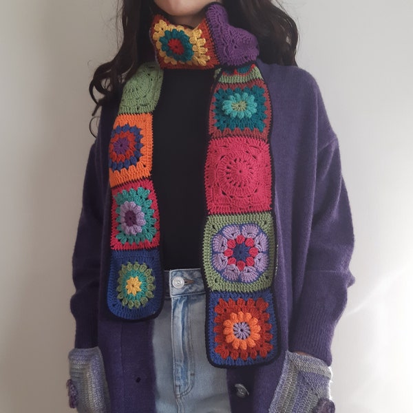 colorful patchwork crochet scarf, granny square scarf, crochet retro scarf, patchwork retro scarf, crochet womans afghan scarf, gift for her