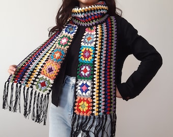 granny square scarf, crochet retro scarf, long winter scarf, knit long scarf, retro scarf, knit muffler, crochet woman scarf, gift for her