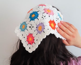 White Floral Crochet Hair Scarf: Cotton Handmade Bandana