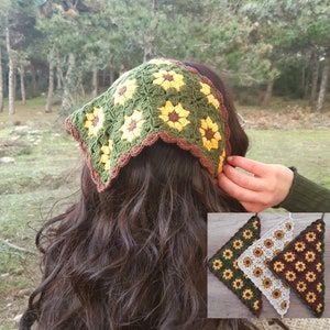 sunflower crochet bandana, sunflower hair scarf, cottage core bandana, retro bandana, crochet hair kerchief, sunflower hair accessory