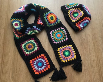 crochet scarf and beanie set, granny square scarf, colorful scarf beanie set, crochet afghan scarf, granny square beanie scarf set