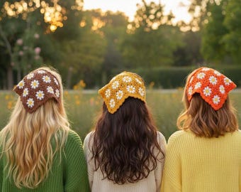 Crochet Daisy Hair Bandana: Handmade Cotton Triangle Hair Scarf, Cottagecore Kerchief