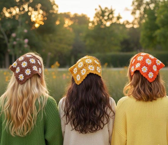 Crochet Daisy Hair Bandana: Handmade Cotton Triangle Hair Scarf, Cottagecore Kerchief