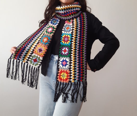 crochet scarf and beanie set crochet afghan scarf scarf beanie set gift for her granny square scarf gigi hadid scarf black scarf