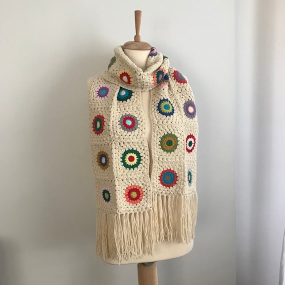 Handmade Crochet Granny Square Scarf with Tassels: Retro Starburst Design