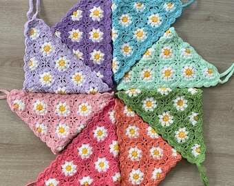 Crochet Daisy Hair Bandana: Handmade Cotton Triangle Hair Scarf, Cottagecore Kerchief