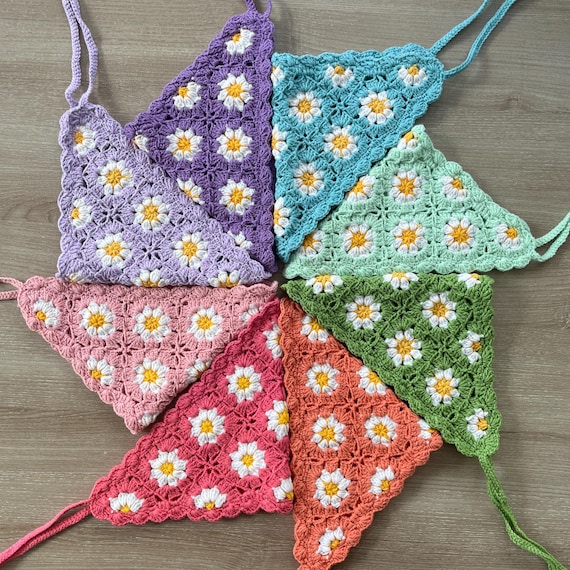 Crochet Daisy Hair Bandana: Handmade Cotton Triangle Hair Scarf, Cottagecore Kerchief