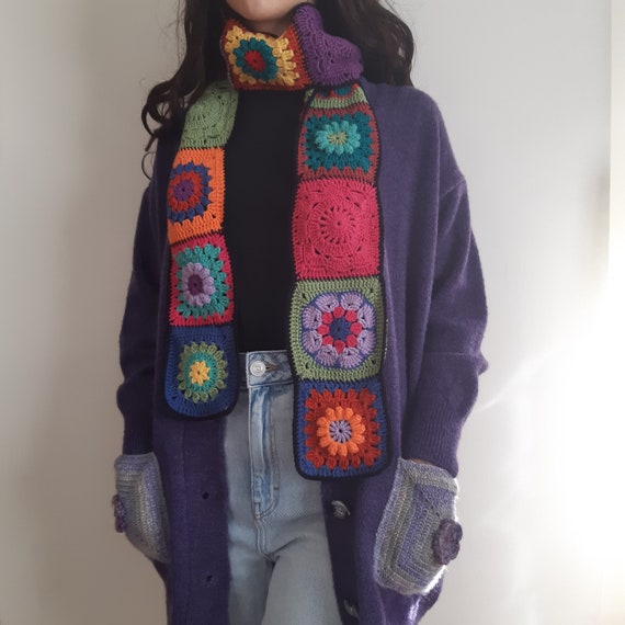 Colorful Patchwork Crochet Scarf, Granny Square Scarf