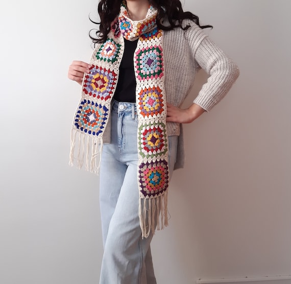 Crochet Granny Square Scarf: Long Retro Neck Scarf With Pom Poms