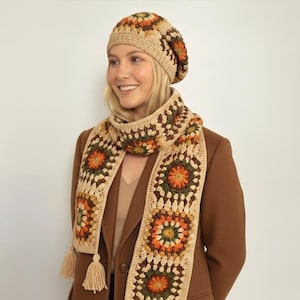 Crochet Scarf Beanie Set: Granny Square Design in Fall Colors, Cotton, Handmade