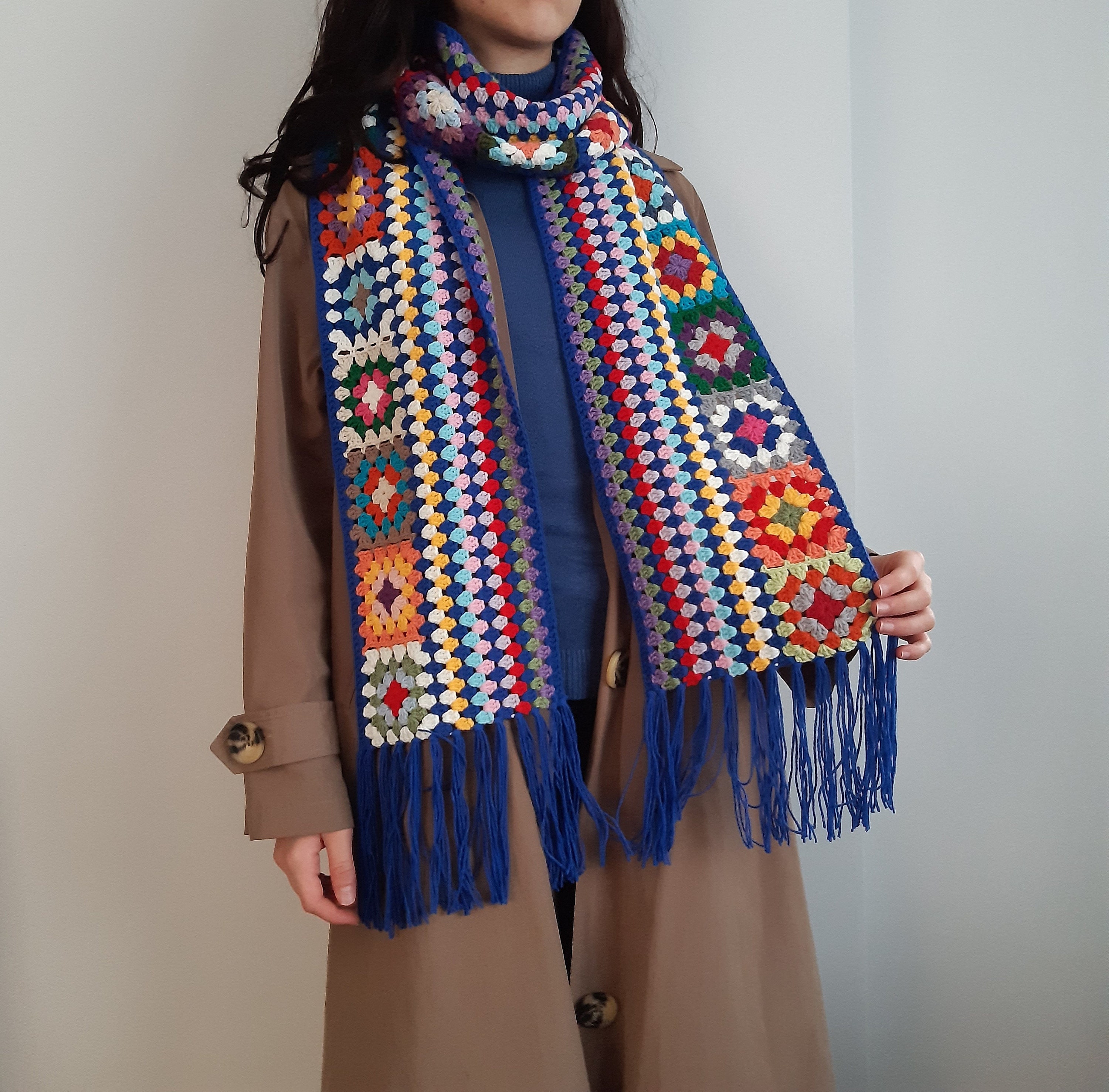 Granny Square Scarf Crochet Retro Scarf Navy Blue Scarf Etsy